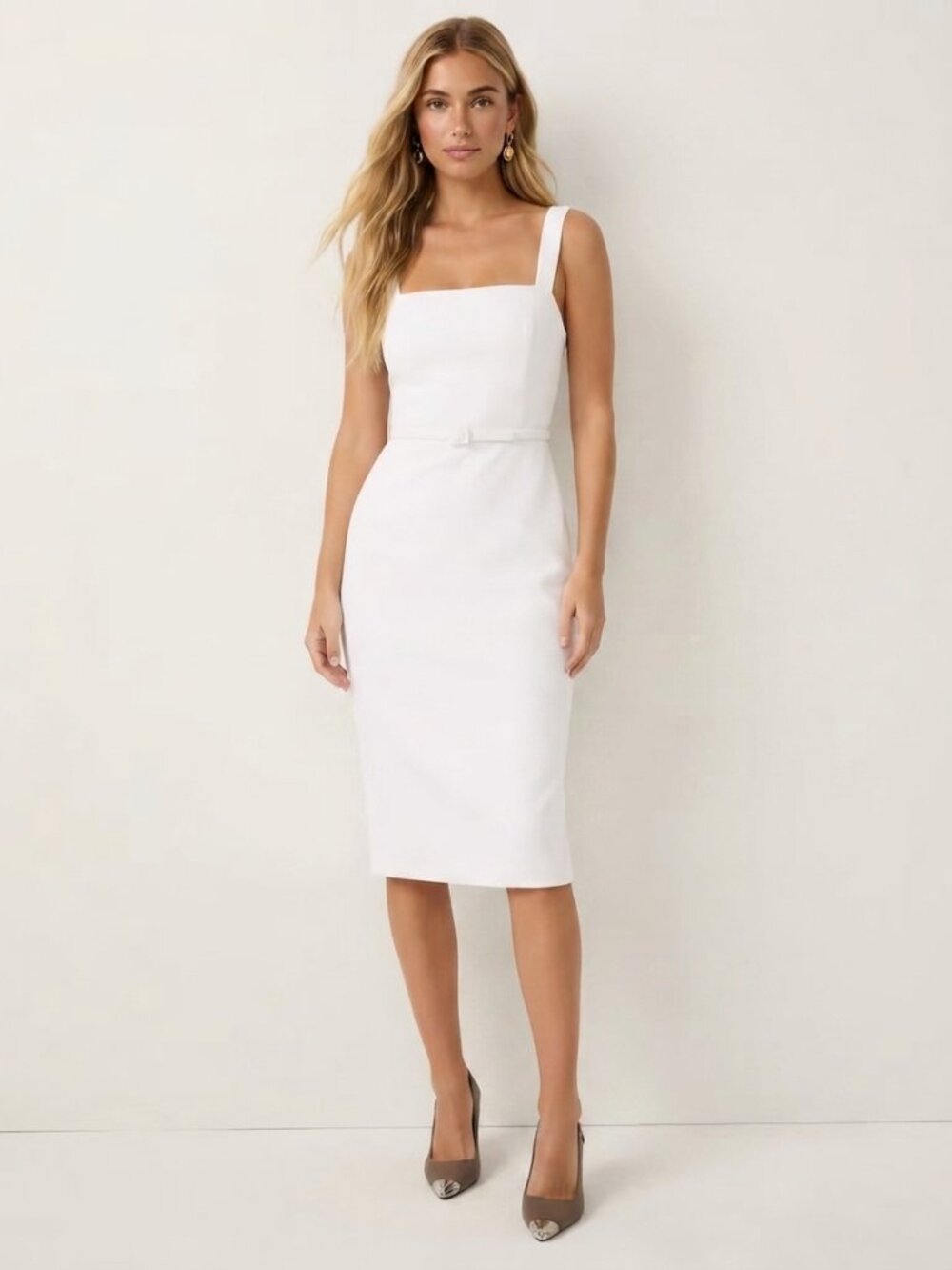 White House Black Market White Belted Midi Sheath Dress Size 2 39940